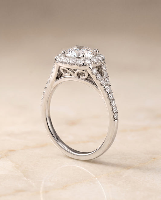 Billie prong halo split shank engagement ring in platinum with cushion lab diamond — RockHer