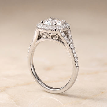 The Billie Prong Halo Split Shank Cushion Cut Engagement Ring Setting in 18K White Gold