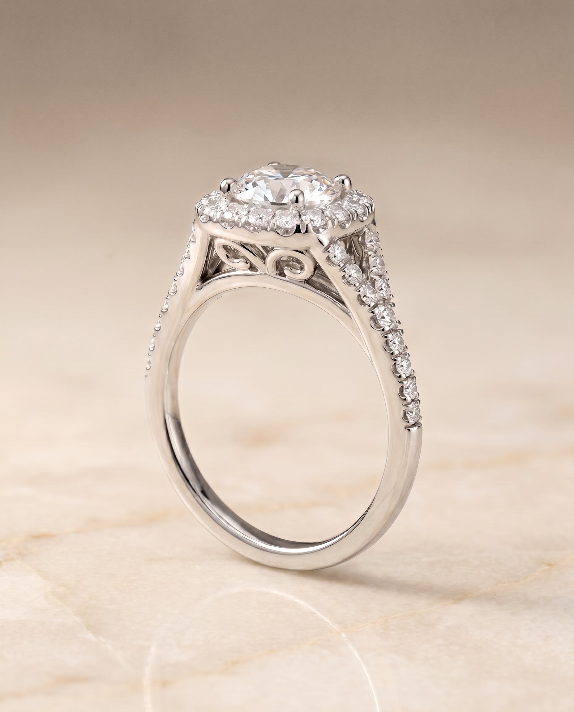Billie prong halo split shank engagement ring in 18K white gold with cushion lab diamond — RockHer
