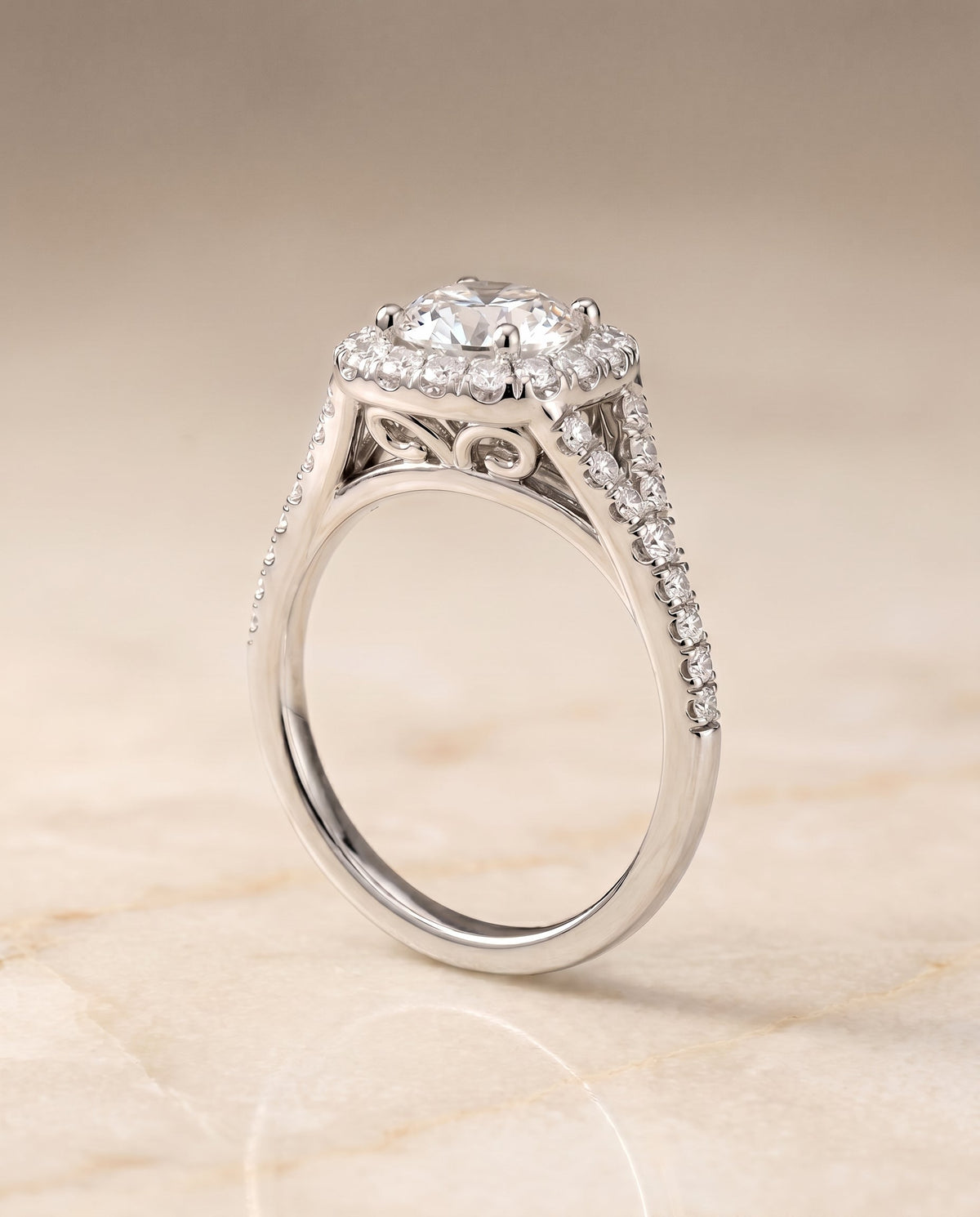 Billie prong halo split shank engagement ring in 18K white gold with cushion lab diamond, RockHer