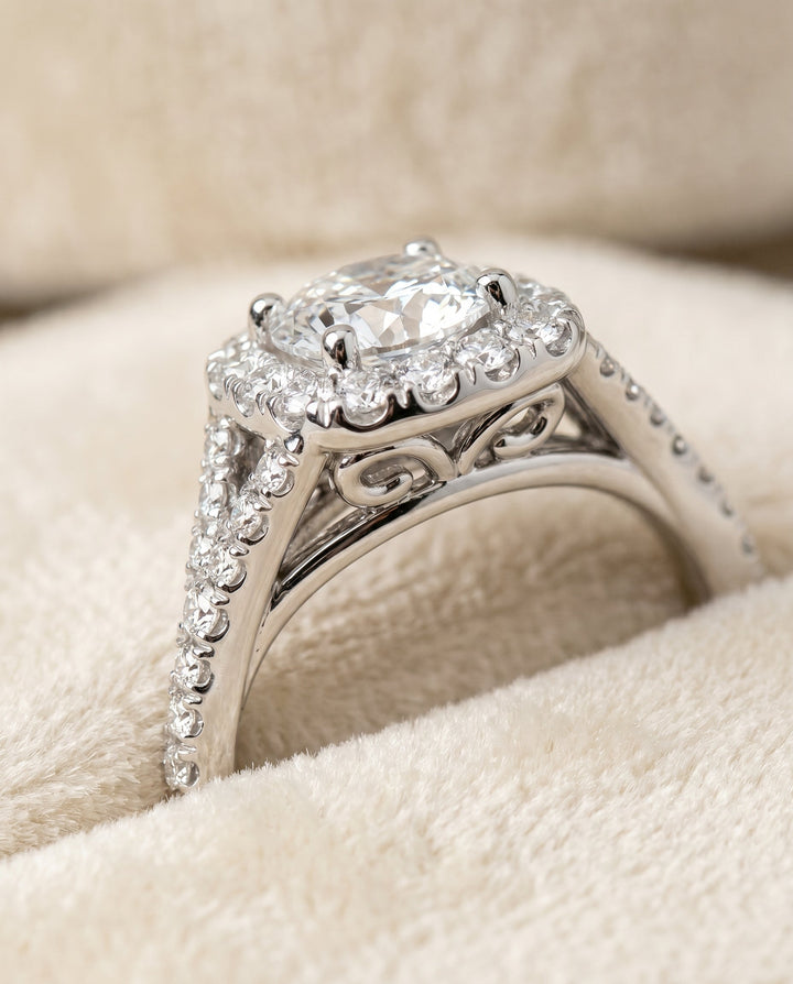 Billie prong halo split shank engagement ring in platinum with cushion lab diamond — RockHer