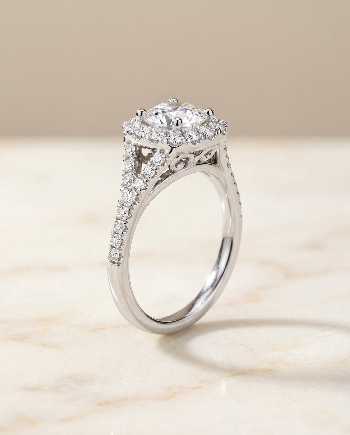 The Billie select prong halo split shank cu cut engagement ring setting, shown in 18K White Gold | RockHer