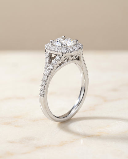 Prong Halo Split Shank Cushion, in Platinum, pave setting – front view | RockHer