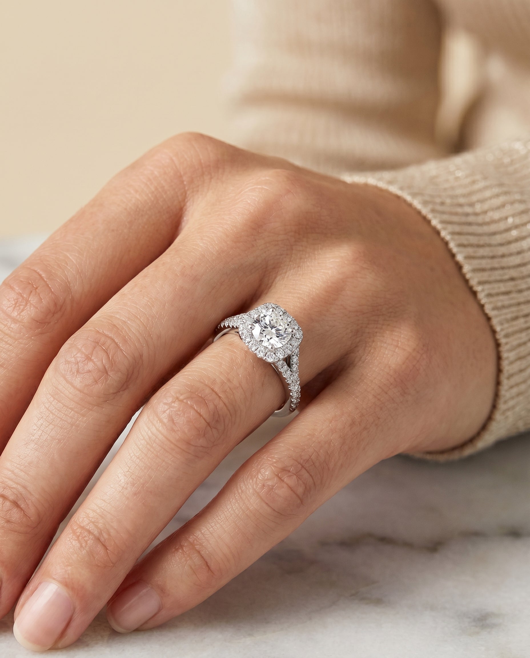 The Billie engagement ring setting in Platinum, prong halo split shank cut design | RockHer