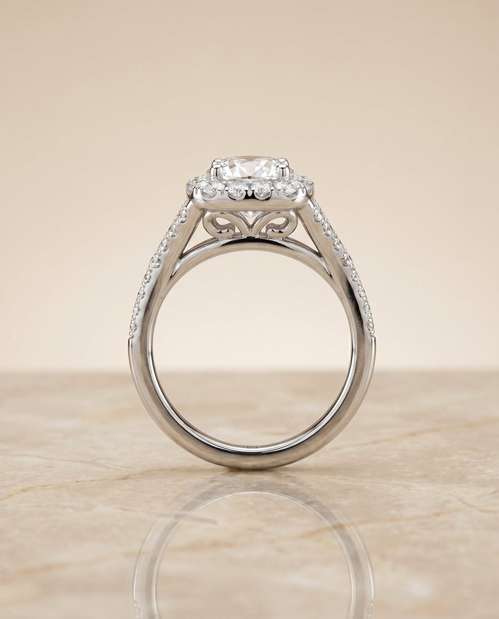Billie prong halo split shank engagement ring in platinum with cushion lab diamond — RockHer
