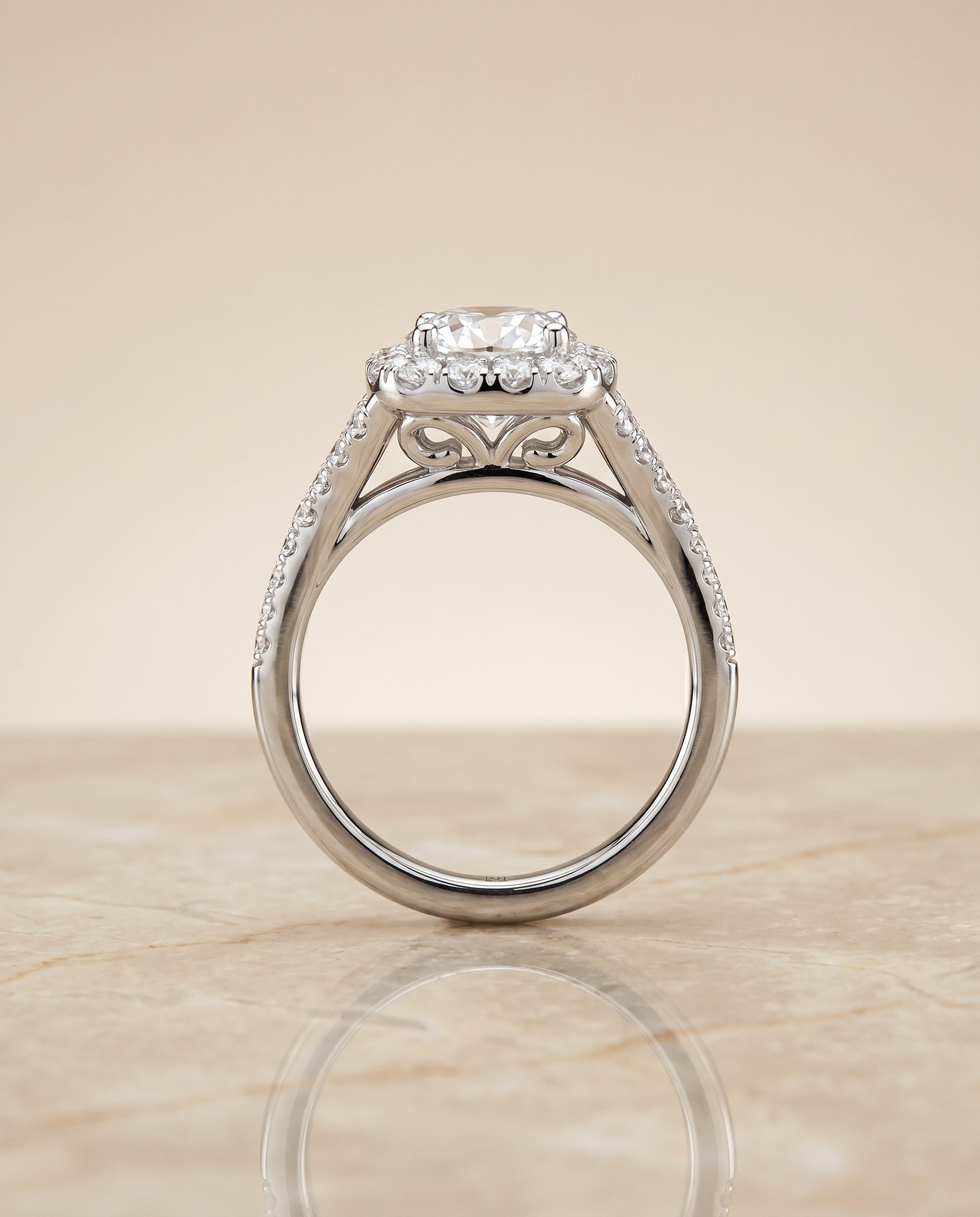 Prong Halo Split Shank Cut styling on The Billie cushion engagement ring setting | RockHer