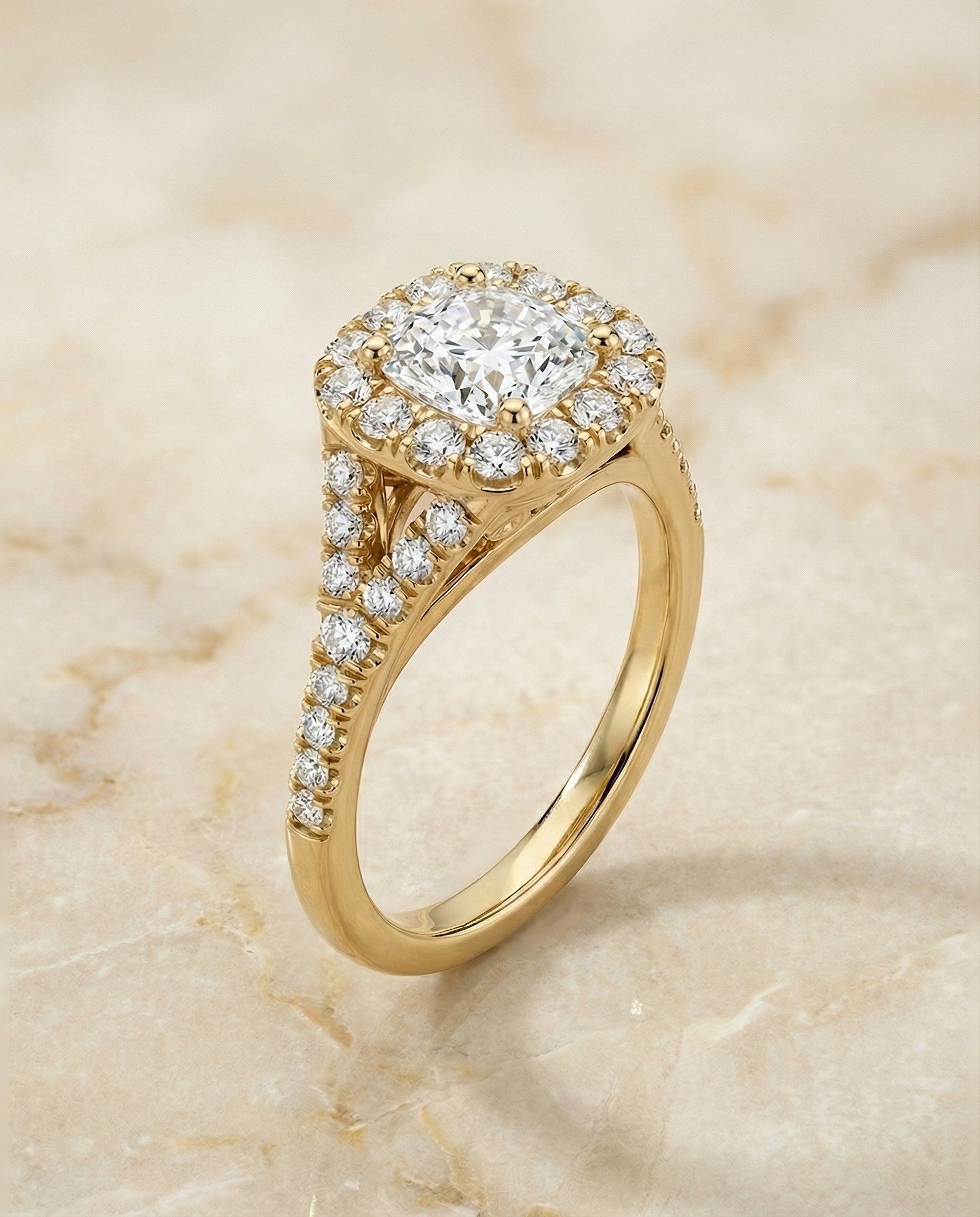 Prong Halo Split Shank Cut styling on The Billie cushion engagement ring setting | RockHer