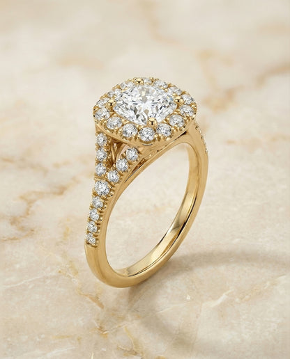 Prong Halo Split Shank Cushion, in 18K Yellow Gold, pave setting – angled view | RockHer