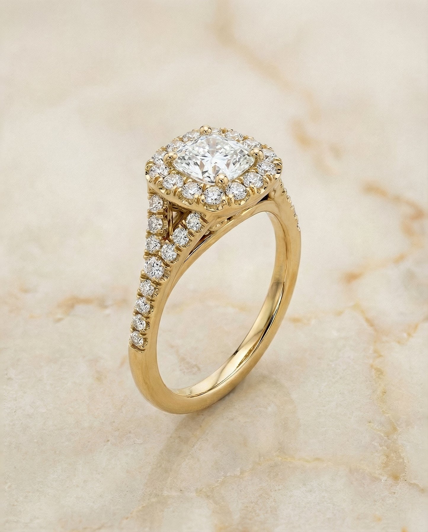 Billie Select prong halo split shank cushion cushion ring in 14K Yellow Gold — front — RockHer