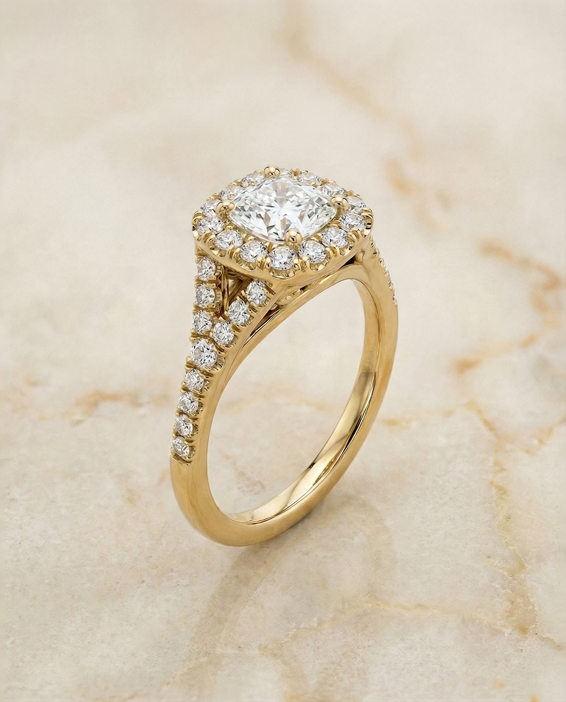 The Billie prong halo split shank cut engagement ring setting, shown in 18K Yellow Gold | RockHer