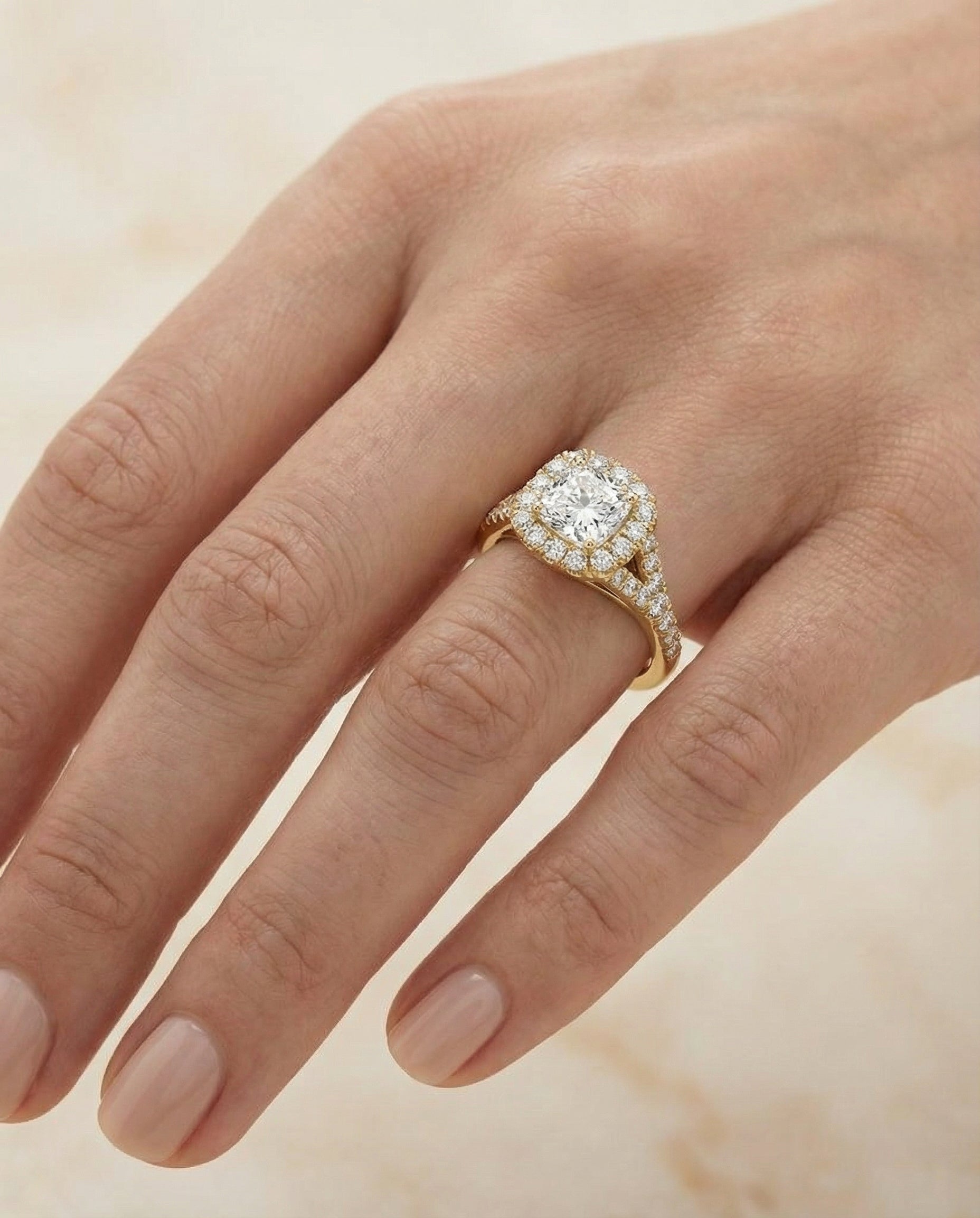 The Billie engagement ring setting in 18K Yellow Gold, prong halo split shank cut design | RockHer