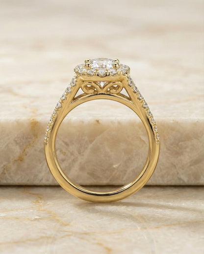 Billie Select Prong Halo Split Shank Cushion Cut Lab Diamond Engagement Ring in 14K Yellow Gold, side view | RockHer