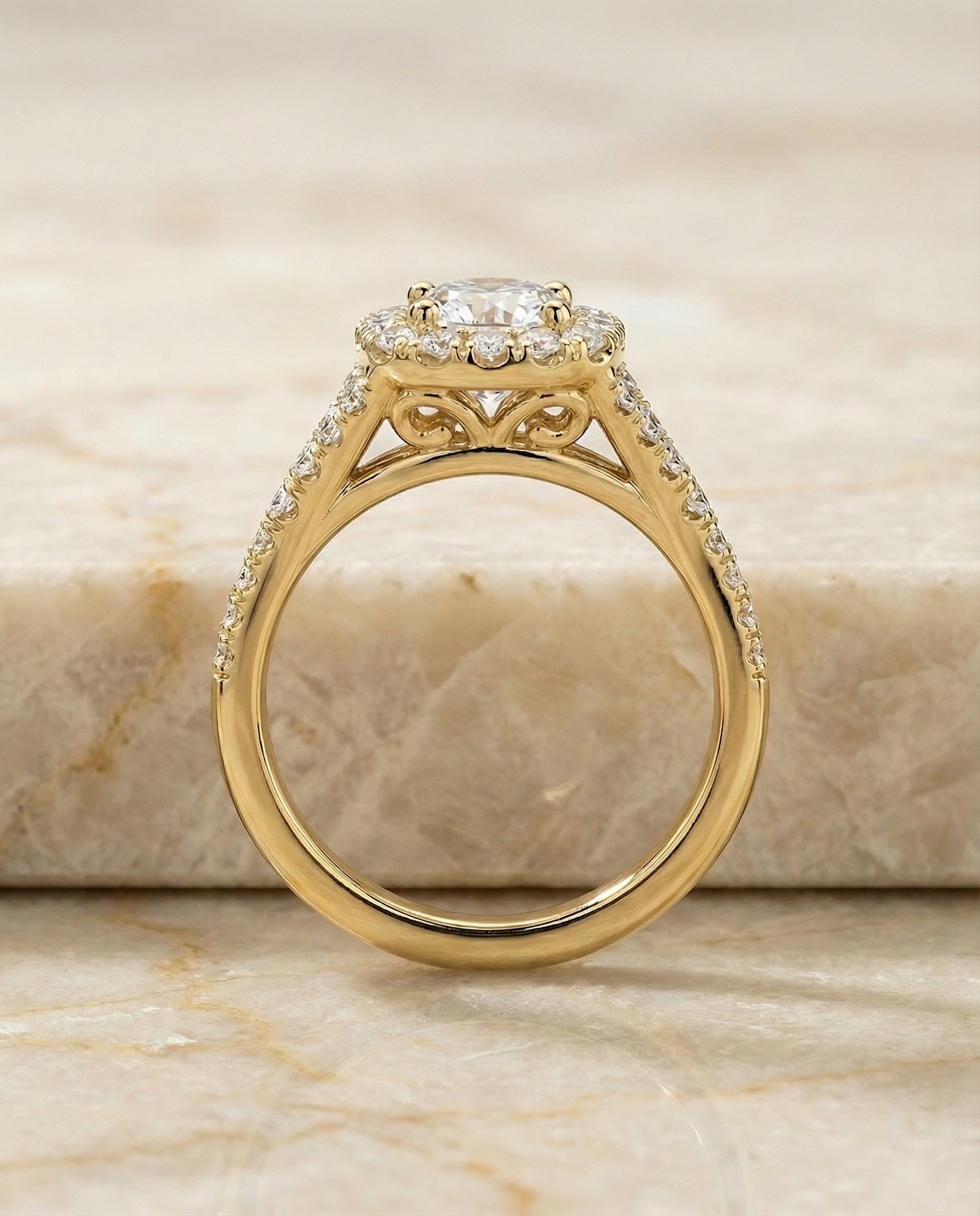 Prong Halo Split Shank Cushion, in 18K Yellow Gold, pave setting – side profile | RockHer
