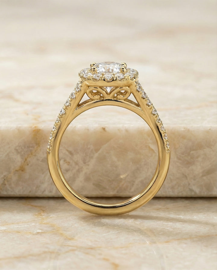 Prong Halo Split Shank Cushion, in 18K Yellow Gold, pave setting – side profile | RockHer