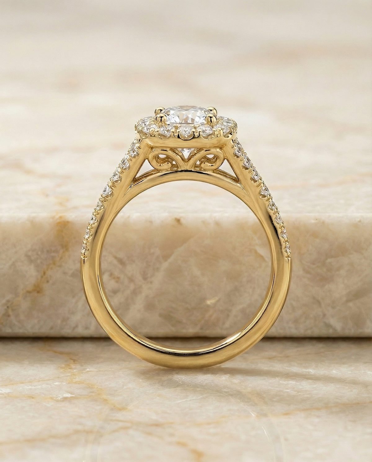 Billie Select Prong Halo Split Shank Cu Cushion Cut Lab Diamond Engagement Ring in 18K Yellow Gold, side view | RockHer