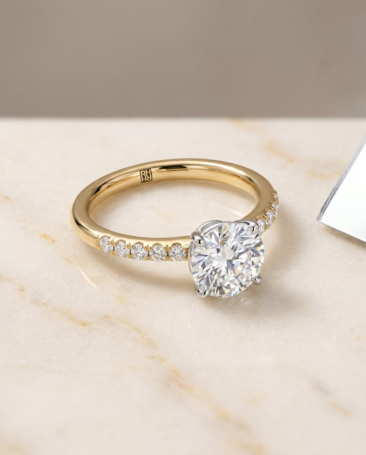 Cherie Select Hidden Halo Pavé Solitaire Round Lab Diamond Engagement Ring in 18K Yellow Gold, alternate angle | RockHer