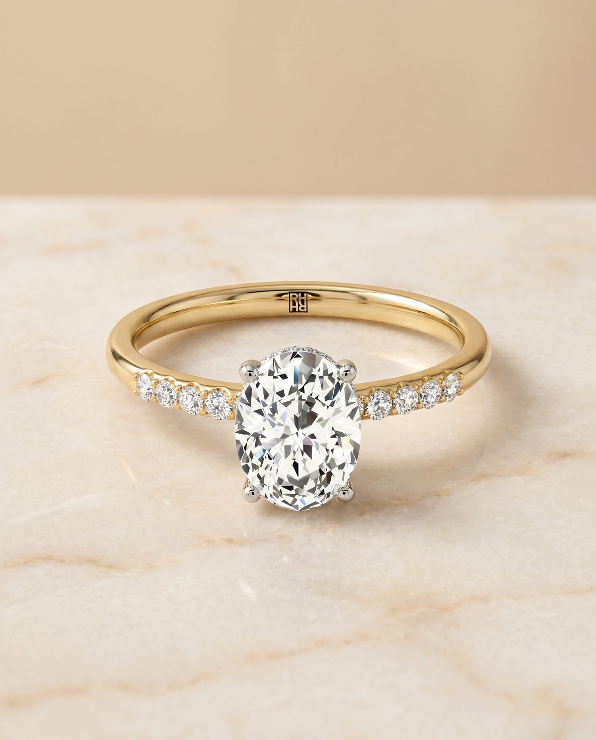 Cherie Select Hidden Halo Pavé Solitaire Oval Lab Diamond Engagement Ring in 18K Yellow Gold, alternate angle | RockHer