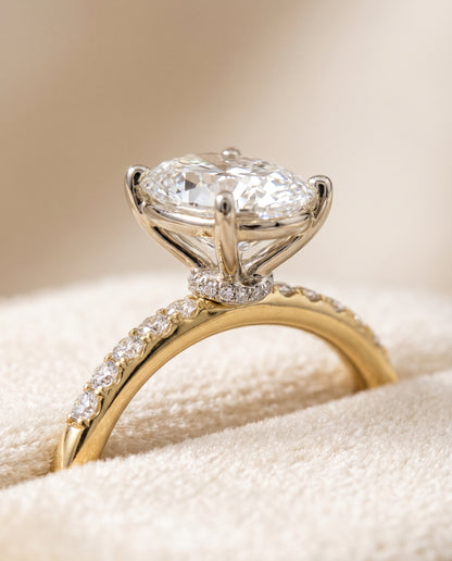 The Cherie Hidden Halo Pavé Solitaire Oval Engagement Ring Setting in 18K Yellow Gold