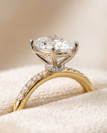 Cherie Select Hidden Halo Pavé Solitaire Oval Lab Diamond Engagement Ring in 14K Yellow Gold, detail view | RockHer