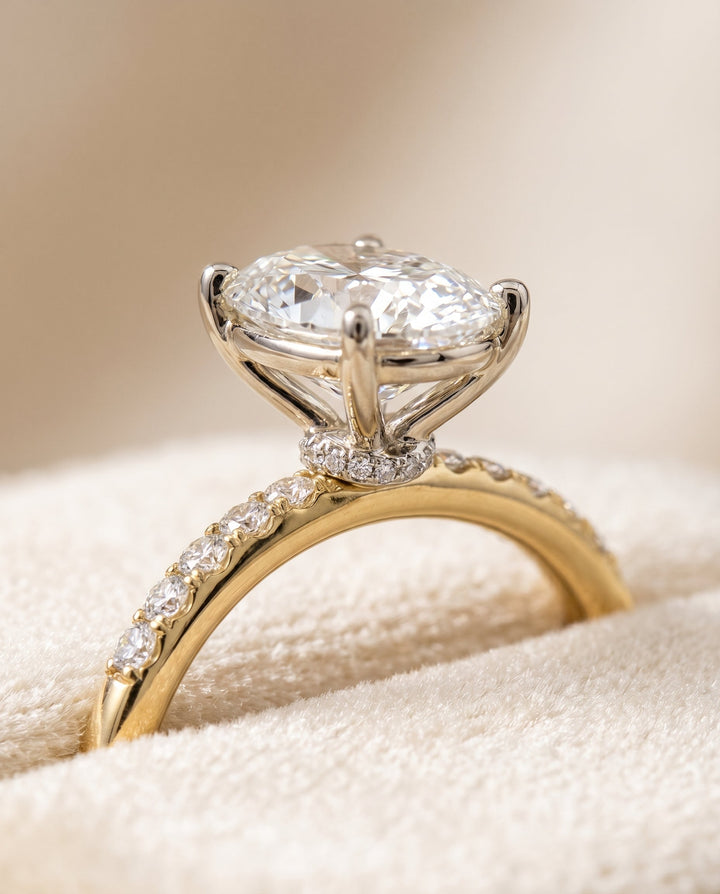 Cherie Select Quarter Shank Hidden Halo Solitaire Oval in 14K Yellow Gold – view 4
