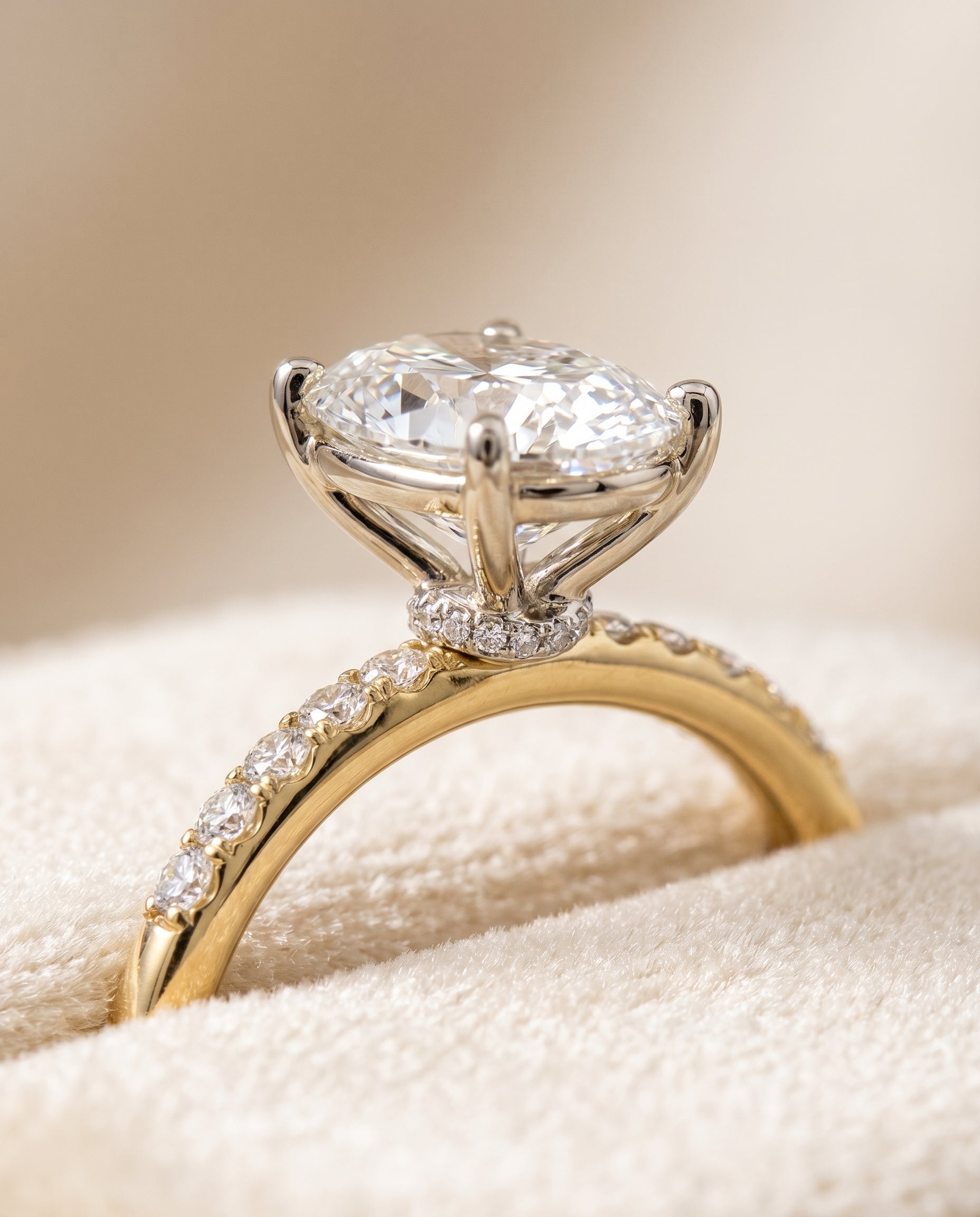 Cherie Select Hidden Halo Pavé Solitaire Oval Lab Diamond Engagement Ring in 18K Yellow Gold, detail view | RockHer