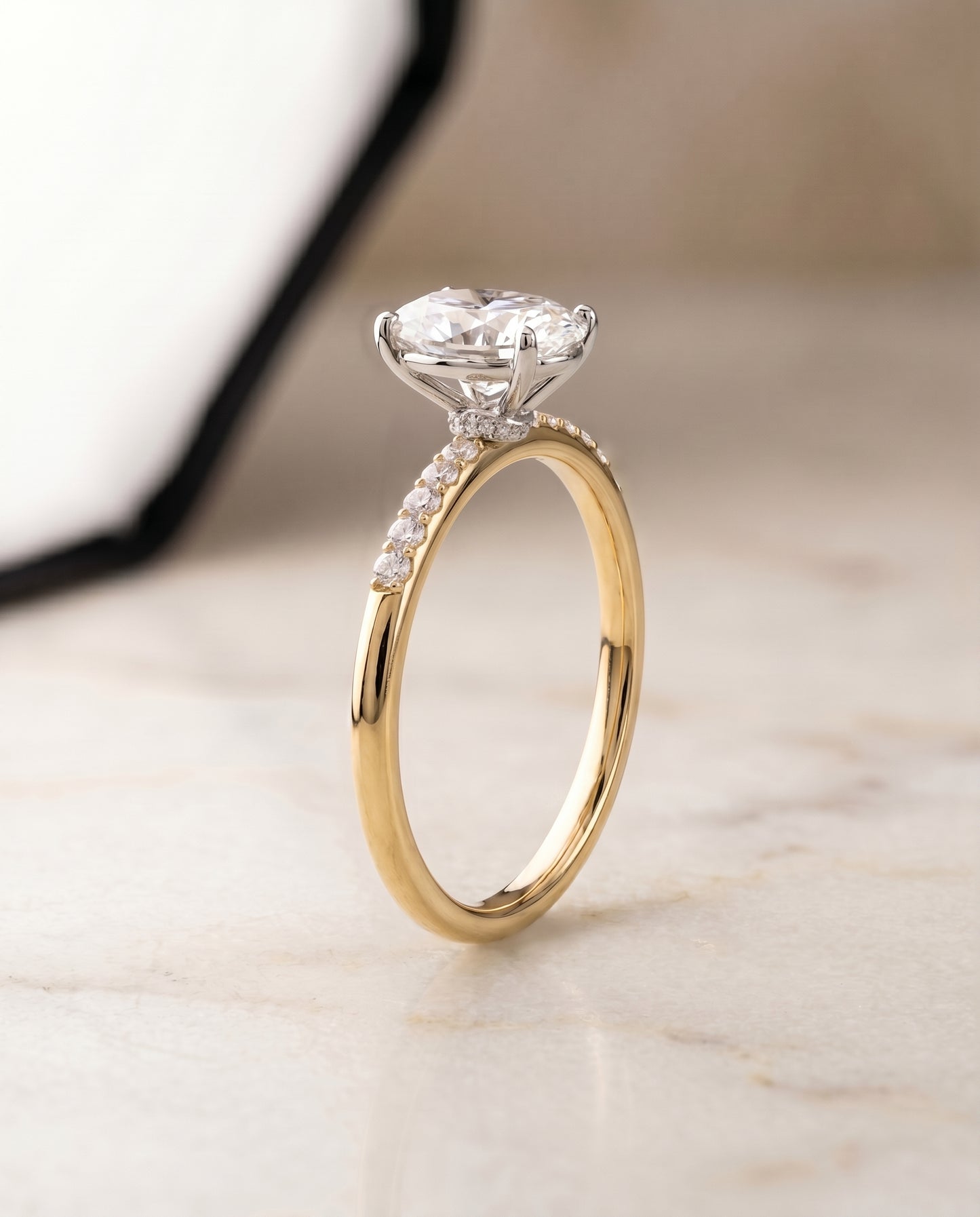 The Cherie Hidden Halo Pavé Solitaire Oval Engagement Ring Setting in 18K Yellow Gold