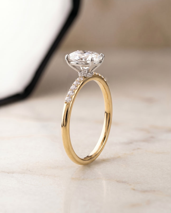 The Cherie Hidden Halo Pavé Solitaire Oval Engagement Ring Setting in 18K Yellow Gold