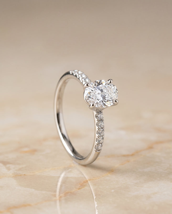 The Cherie Solitaire Engagement Ring Setting for Oval Diamonds in Platinum