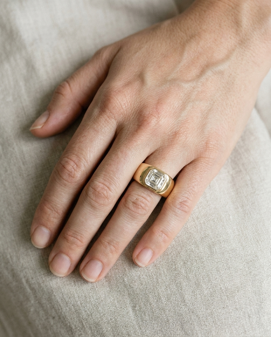 The Remi engagement ring setting in 18K Yellow Gold, bezel set cigar band cut design | RockHer