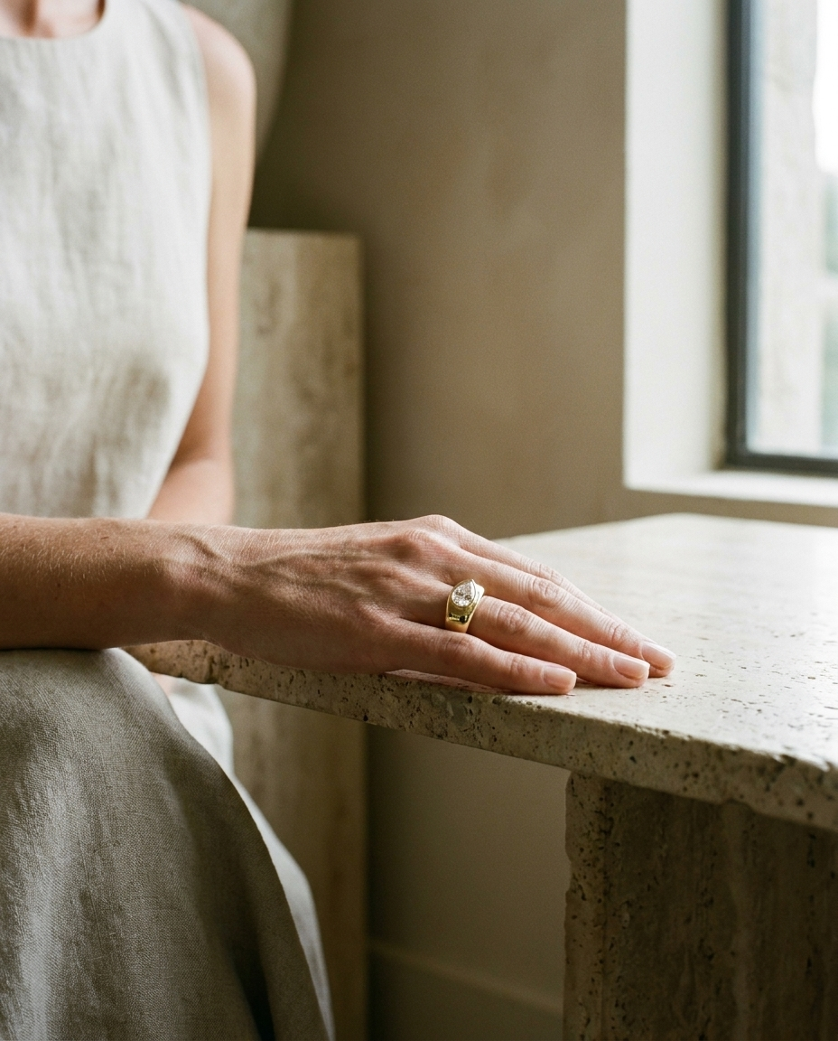 Bezel Set Cigar Band Briolette styling on The Remi diamond engagement ring setting | RockHer