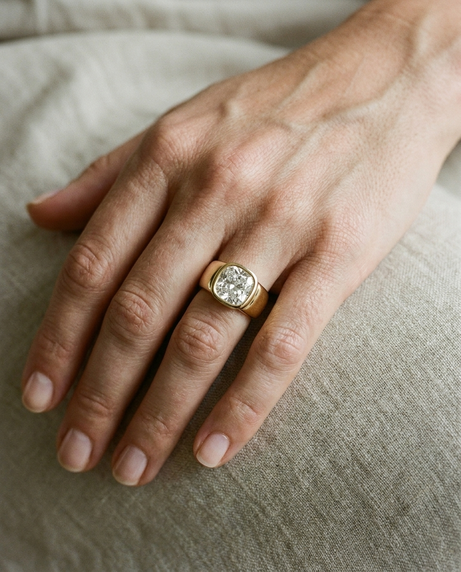 The Remi setting for cushion diamonds, made to order in 18K Yellow Gold | RockHer