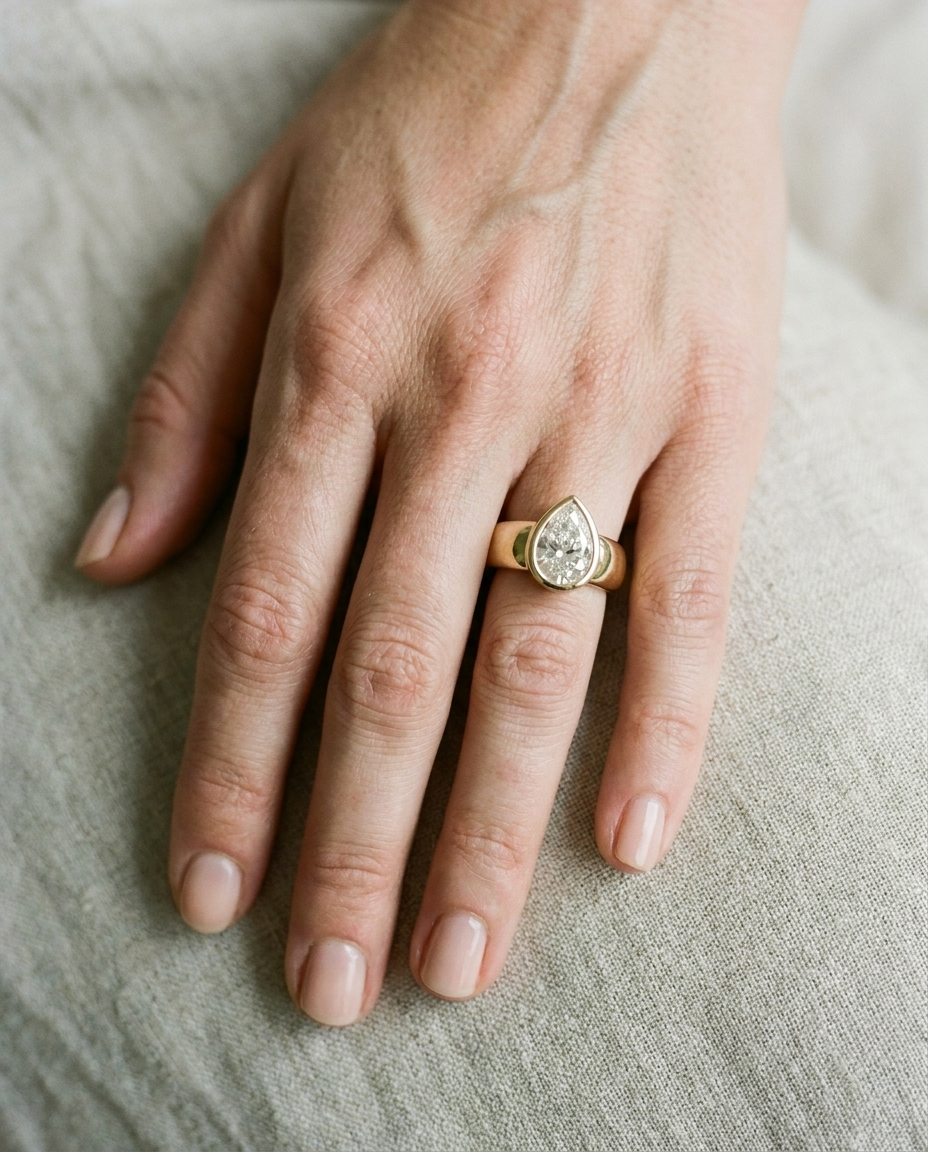 The Remi engagement ring setting in 18K Yellow Gold, bezel set cigar band design | RockHer