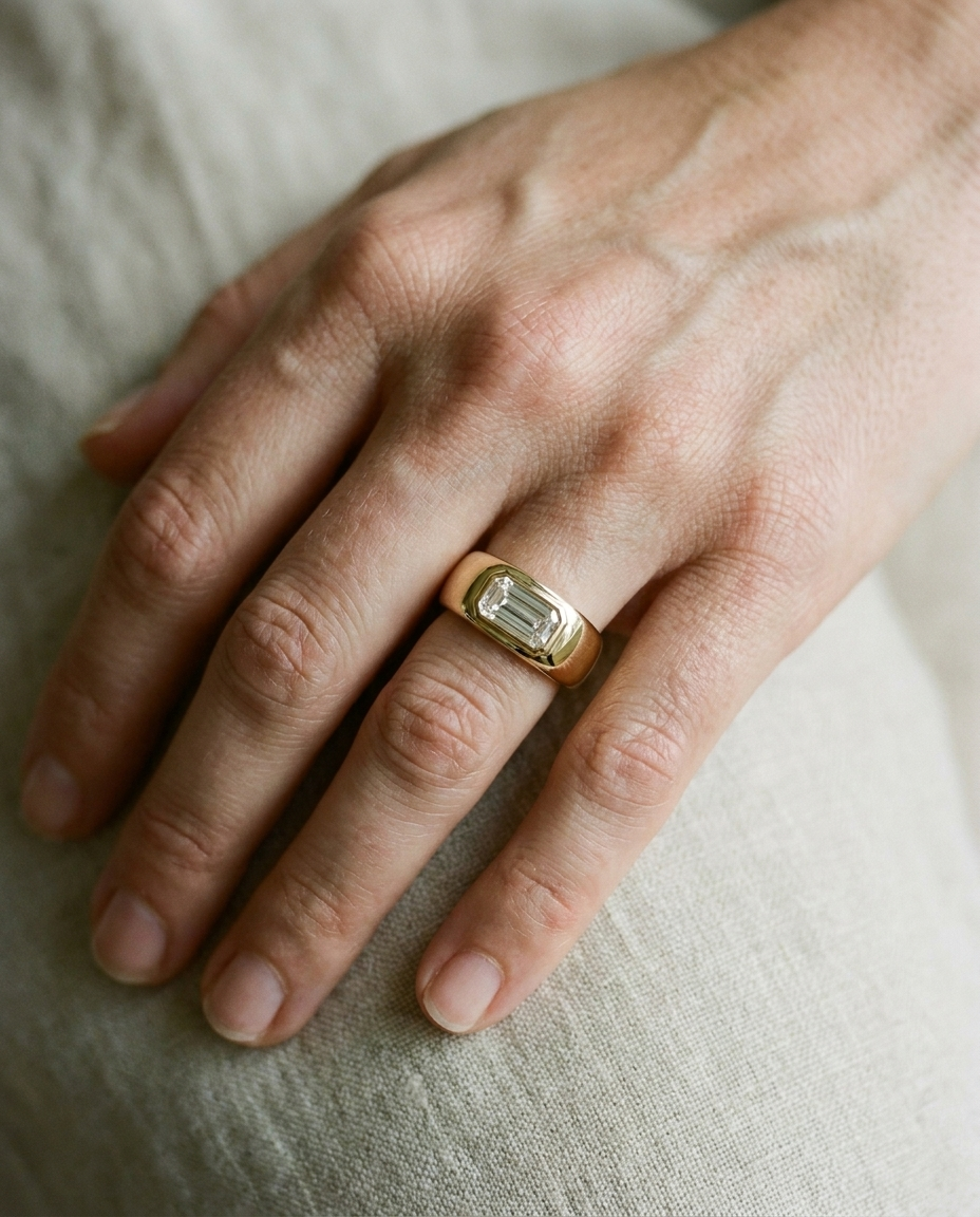 18K Yellow Gold band of The Remi baguette engagement ring setting | RockHer