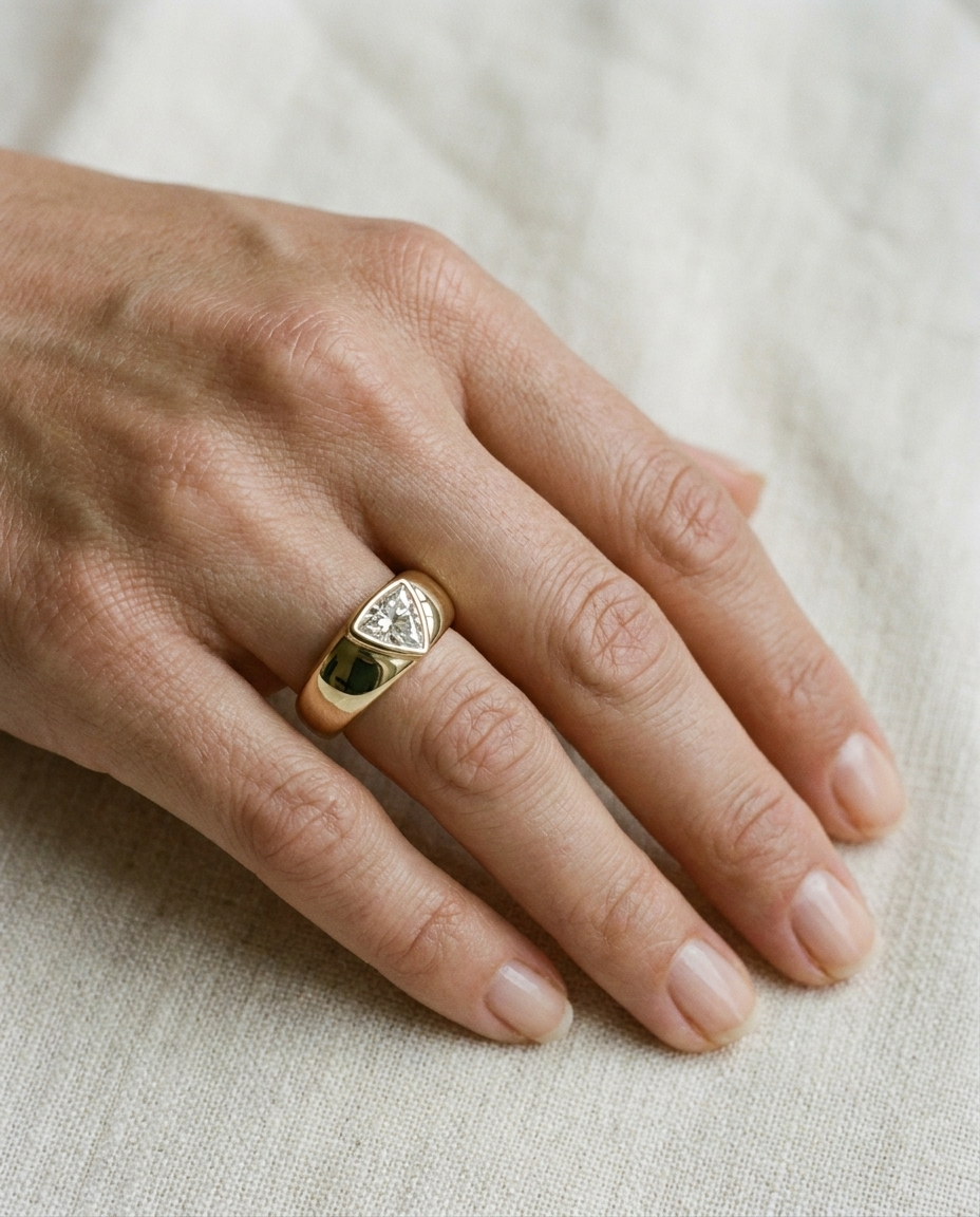 18K Yellow Gold band of The Remi trillion engagement ring setting | RockHer