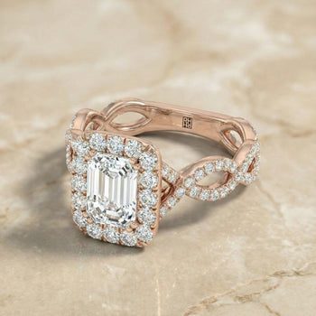 The Annie Halo Emerald Cut Engagement Ring Setting in 14K Rose Gold