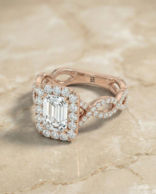 European Cut, Ribbon Twist Pavé Halo Emerald, in 14K Rose Gold, pave setting – angled view | RockHer