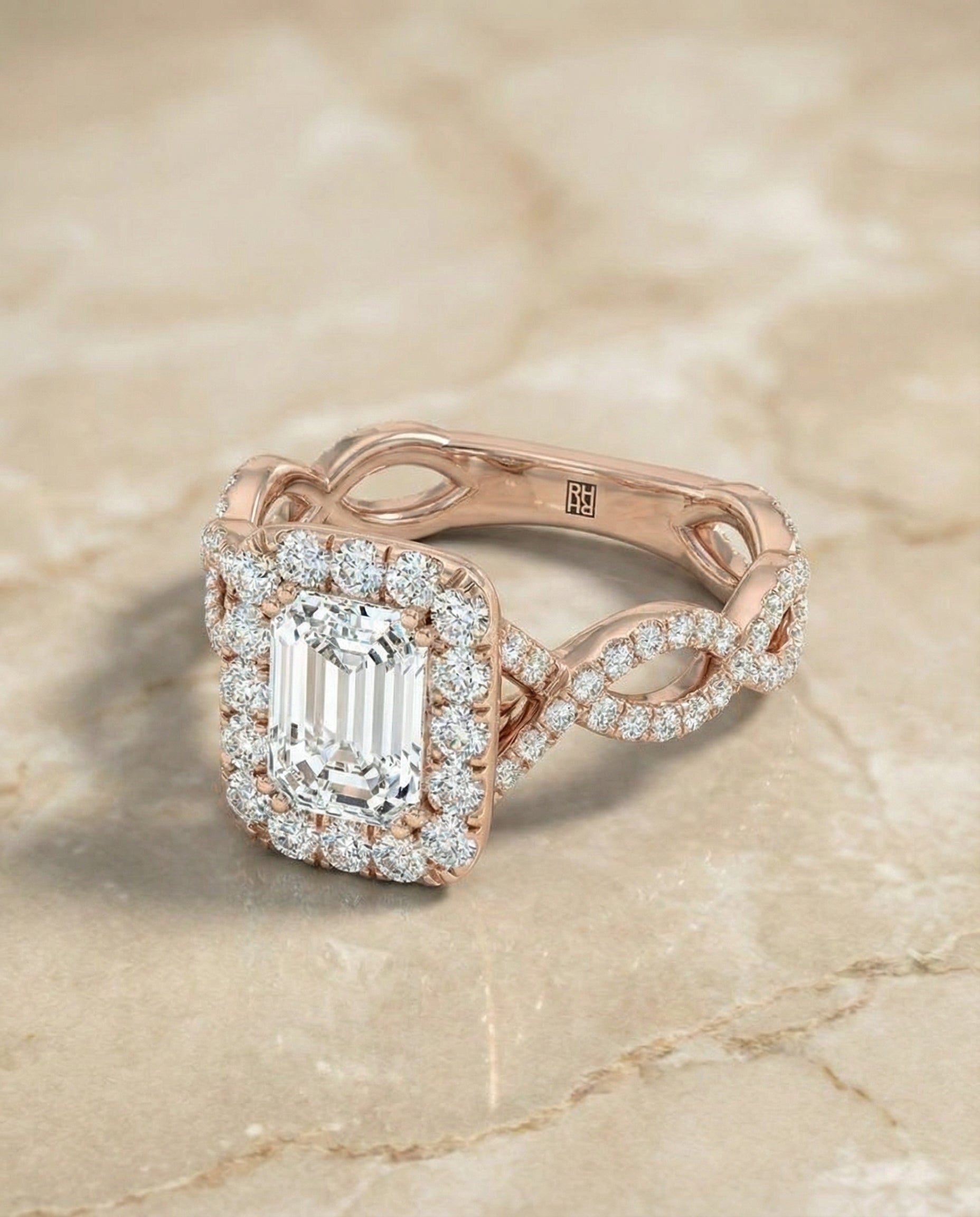 Annie Select Halo Emerald Cut Lab Diamond Engagement Ring in 14K Rose Gold, alternate angle | RockHer