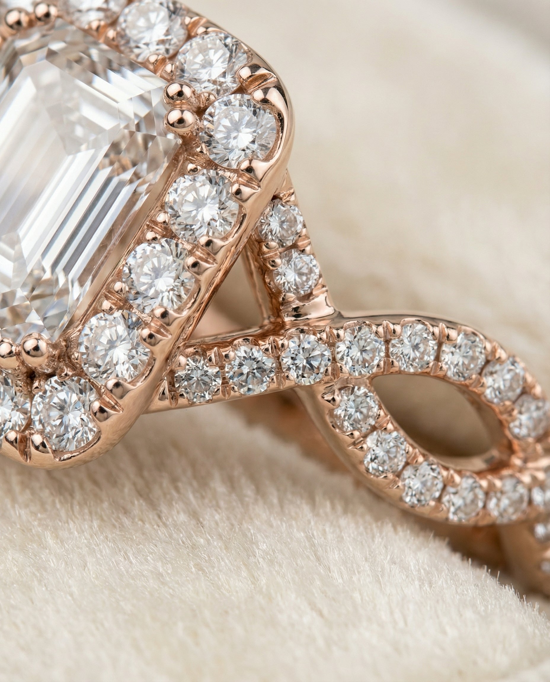 Annie Select Halo Emerald Cut Lab Diamond Engagement Ring in 14K Rose Gold, detail view | RockHer