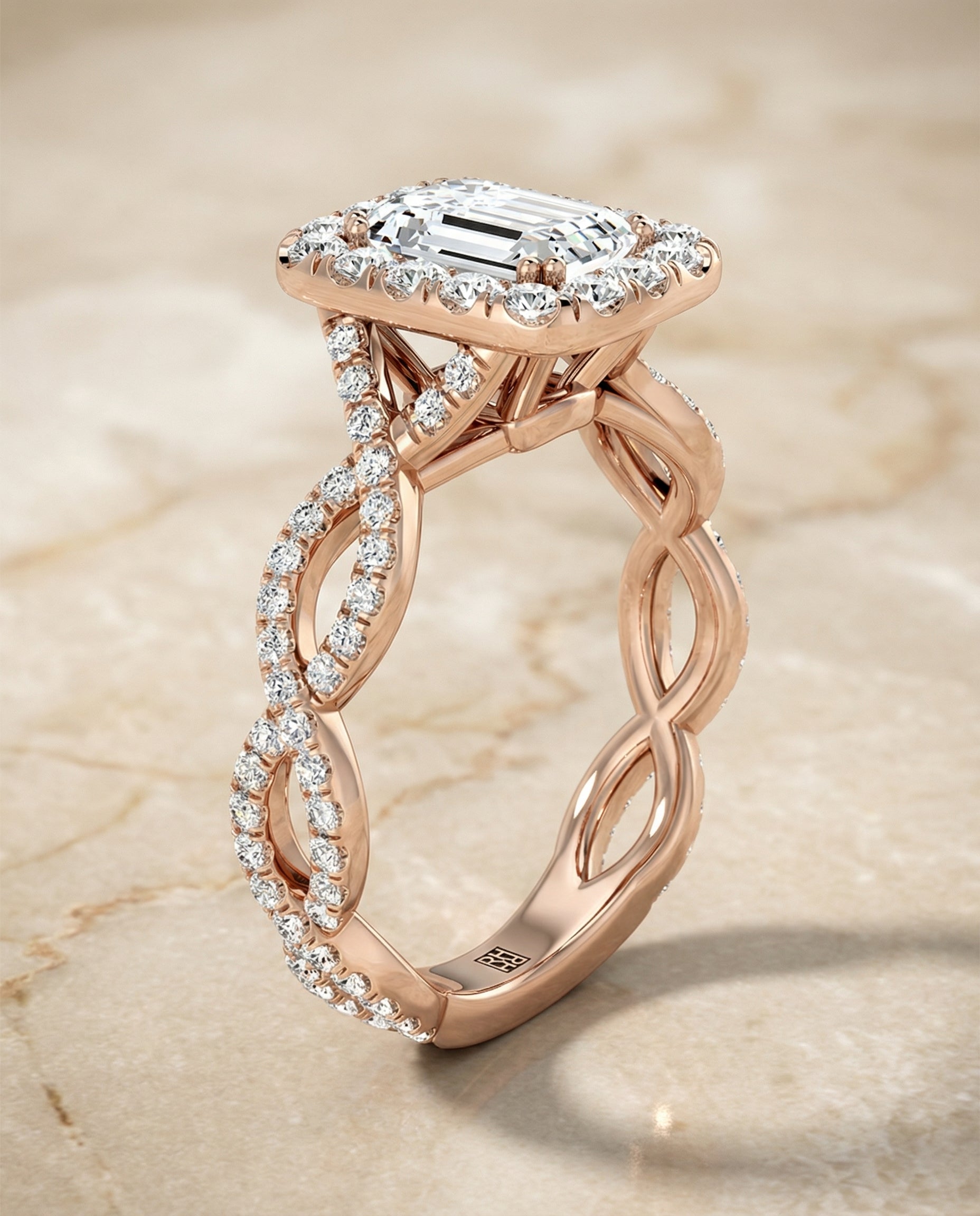 Annie Select Halo Emerald Cut Lab Diamond Engagement Ring in 14K Rose Gold, front view | RockHer