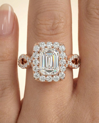 European Cut, Ribbon Twist Pavé Halo Emerald, in 14K Rose Gold, pave setting – lifestyle shot | RockHer