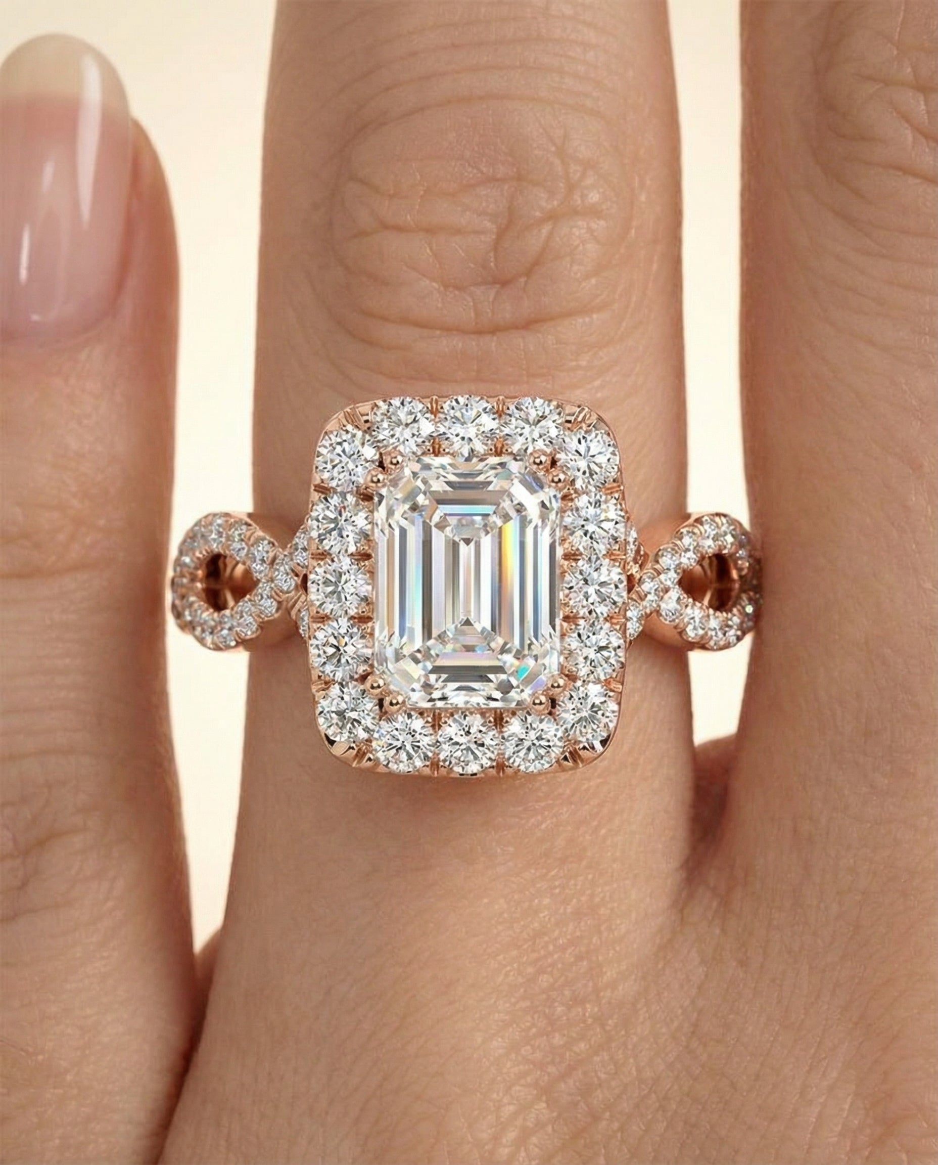 Annie Select Halo Emerald Cut Lab Diamond Engagement Ring in 14K Rose Gold, shown on hand | RockHer