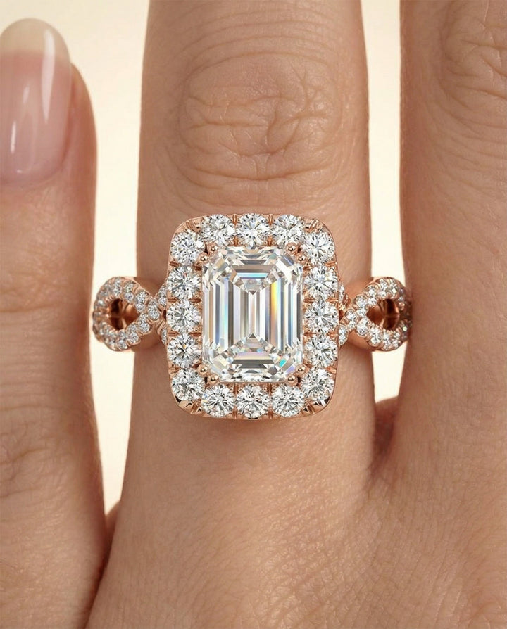 Annie Select Halo Emerald Cut Lab Diamond Engagement Ring in 14K Rose Gold, shown on hand | RockHer