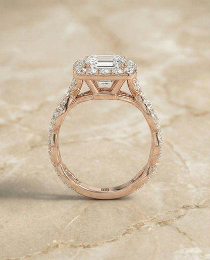 Annie Select ribbon twist pavé halo emerald cut emerald cut ring in 14K Rose Gold — side — RockHer