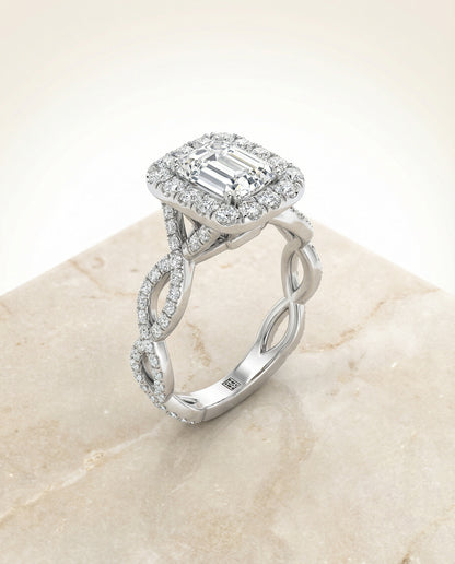 European Cut, Ribbon Twist Pavé Halo Emerald, in Platinum, pave setting – angled view | RockHer