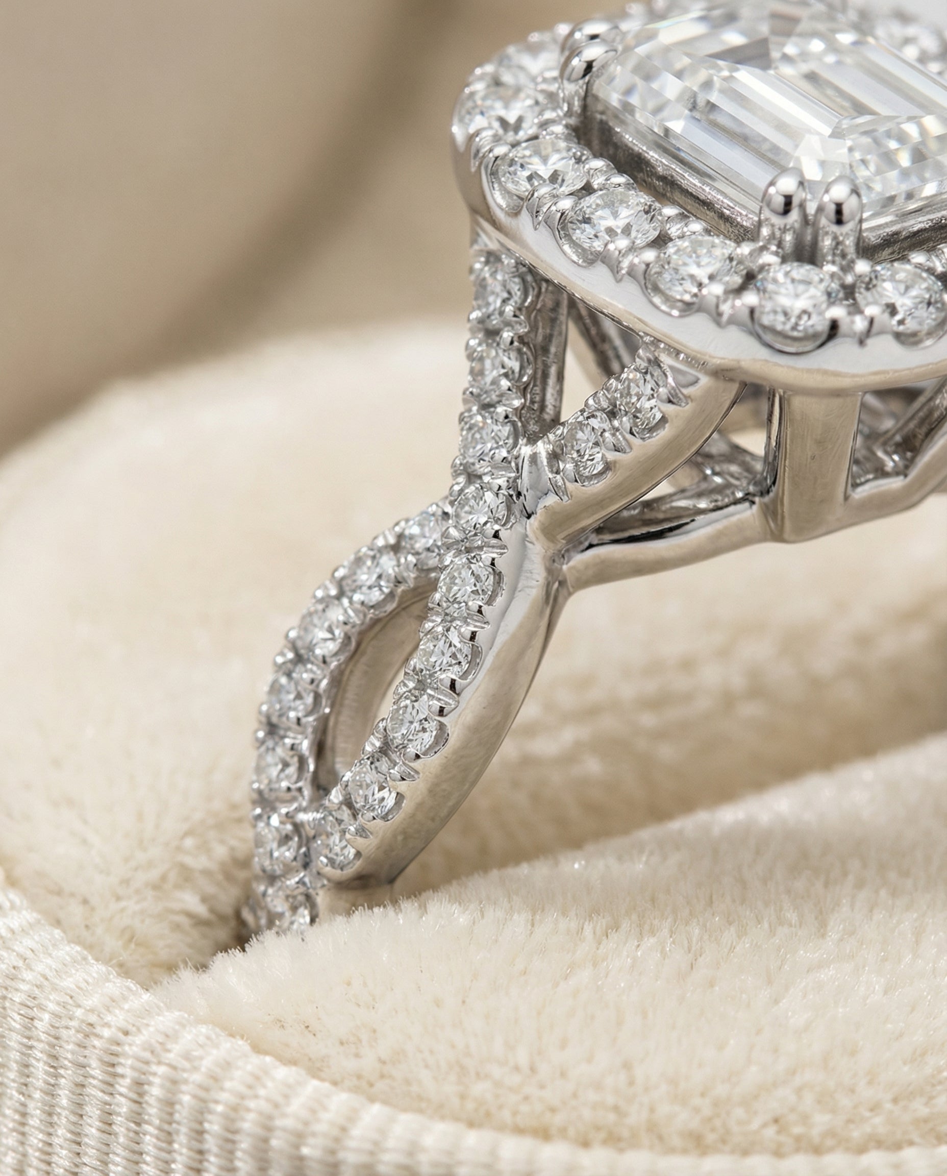 Annie Select Halo Emerald Cut Lab Diamond Engagement Ring in Platinum, detail view | RockHer