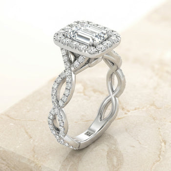 The Annie Halo Emerald Cut Engagement Ring Setting in Platinum