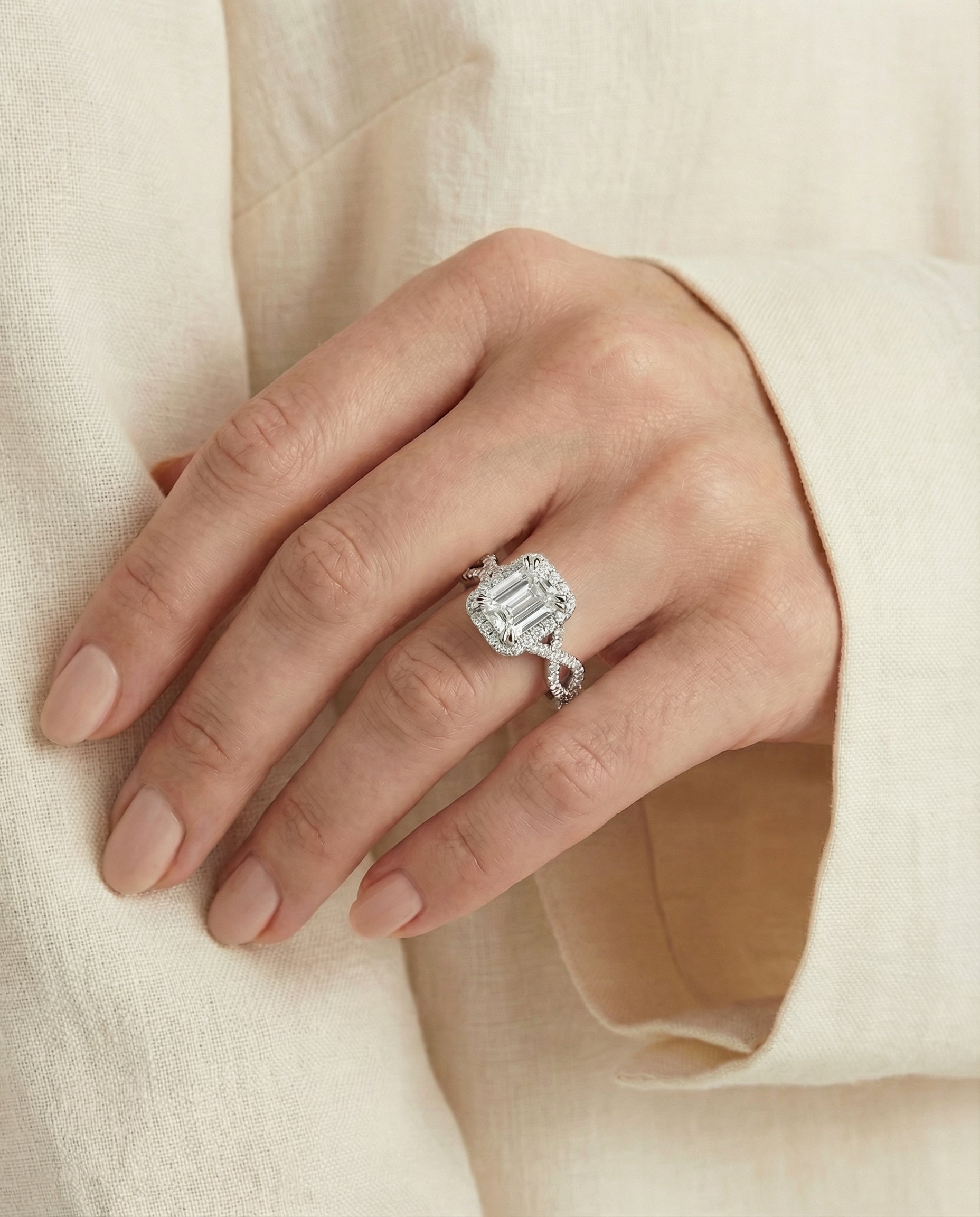 The Annie setting for emerald diamonds, made to order in Platinum | RockHer