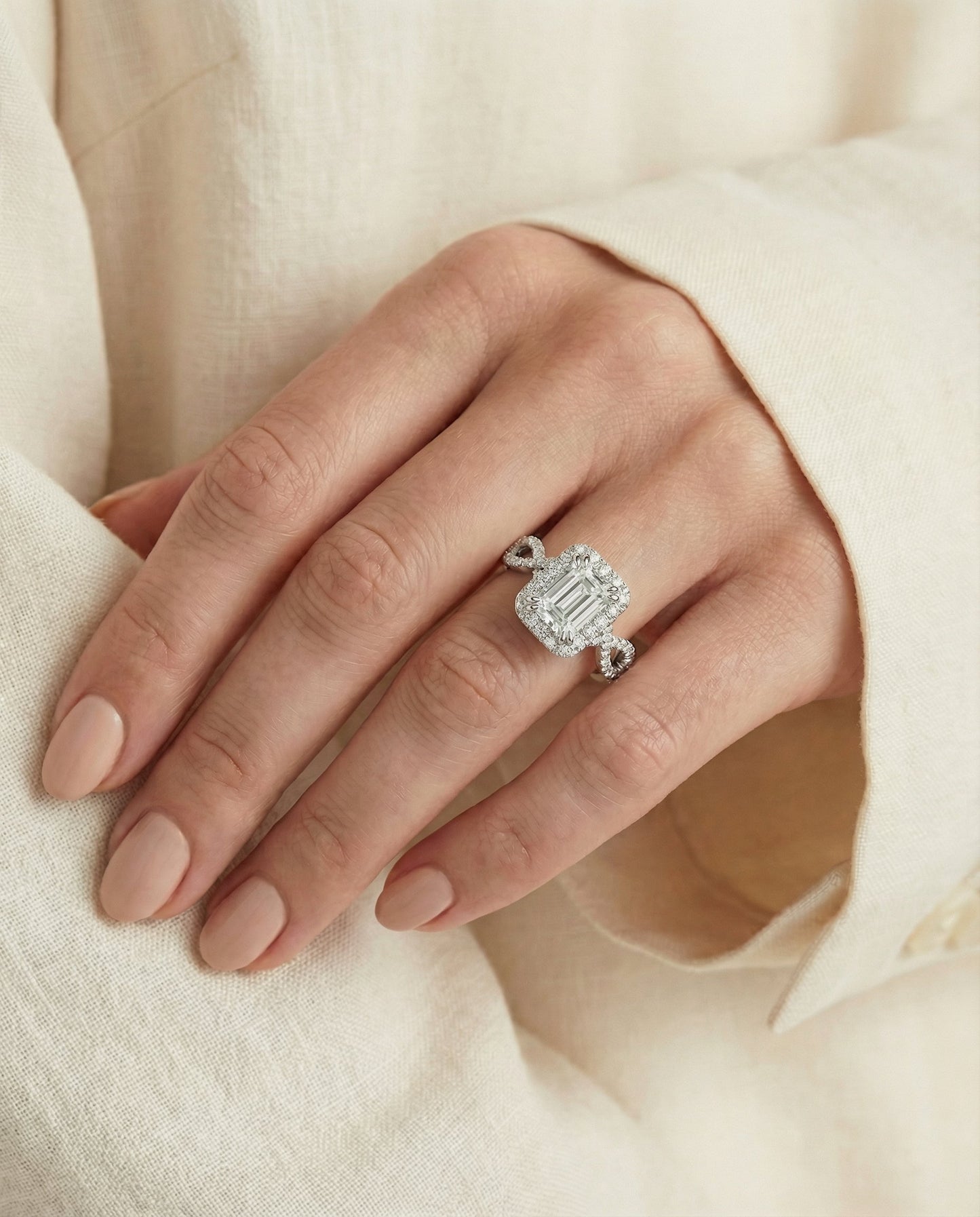 The Annie Select Twisted Pavé Halo Engagement Ring with Lab Diamond in 18K White Gold — view 5