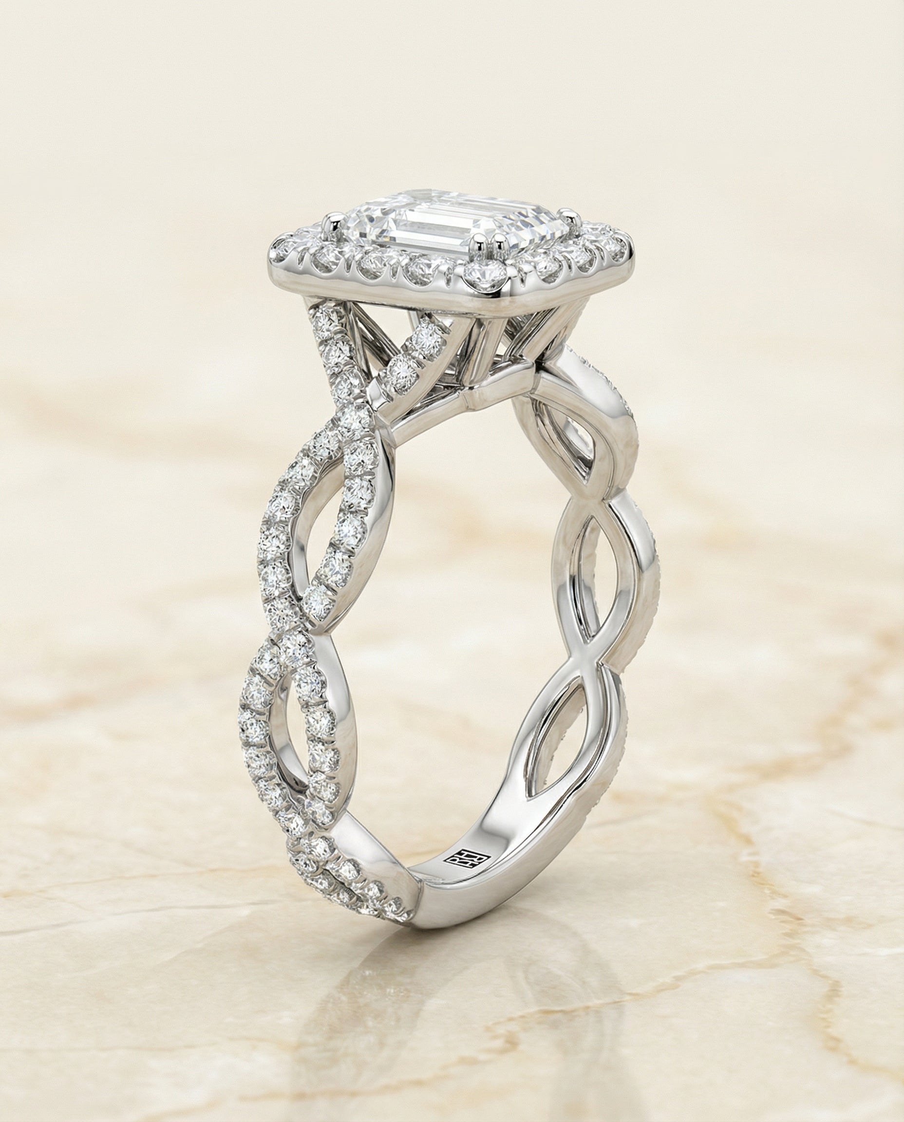 Annie Select Halo Emerald Cut Lab Diamond Engagement Ring in Platinum, side view | RockHer