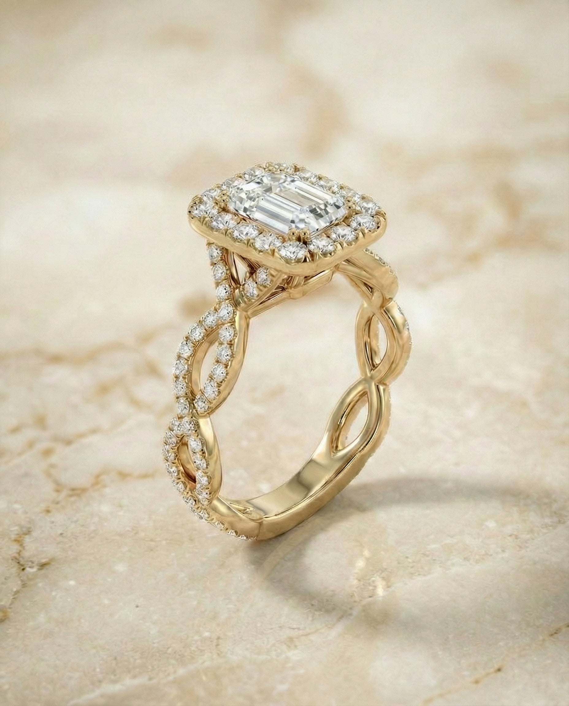 Annie Select Halo Emerald Cut Lab Diamond Engagement Ring in 18K Yellow Gold, alternate angle | RockHer